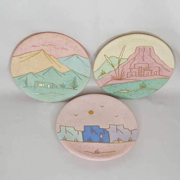 3 Southwestern Wall Plates Landscape Pottery Pastel 22kt Gold Textured Glaze - Picture 1 of 11